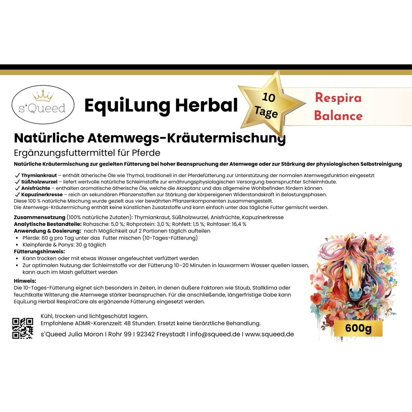 EquiLung Herbal RespiraBalance 600g – Atemwegskräutermischung für Pferde in Phasen physiologisch vermehrter Schleimbildung oder bei beanspruchten Atemwegen