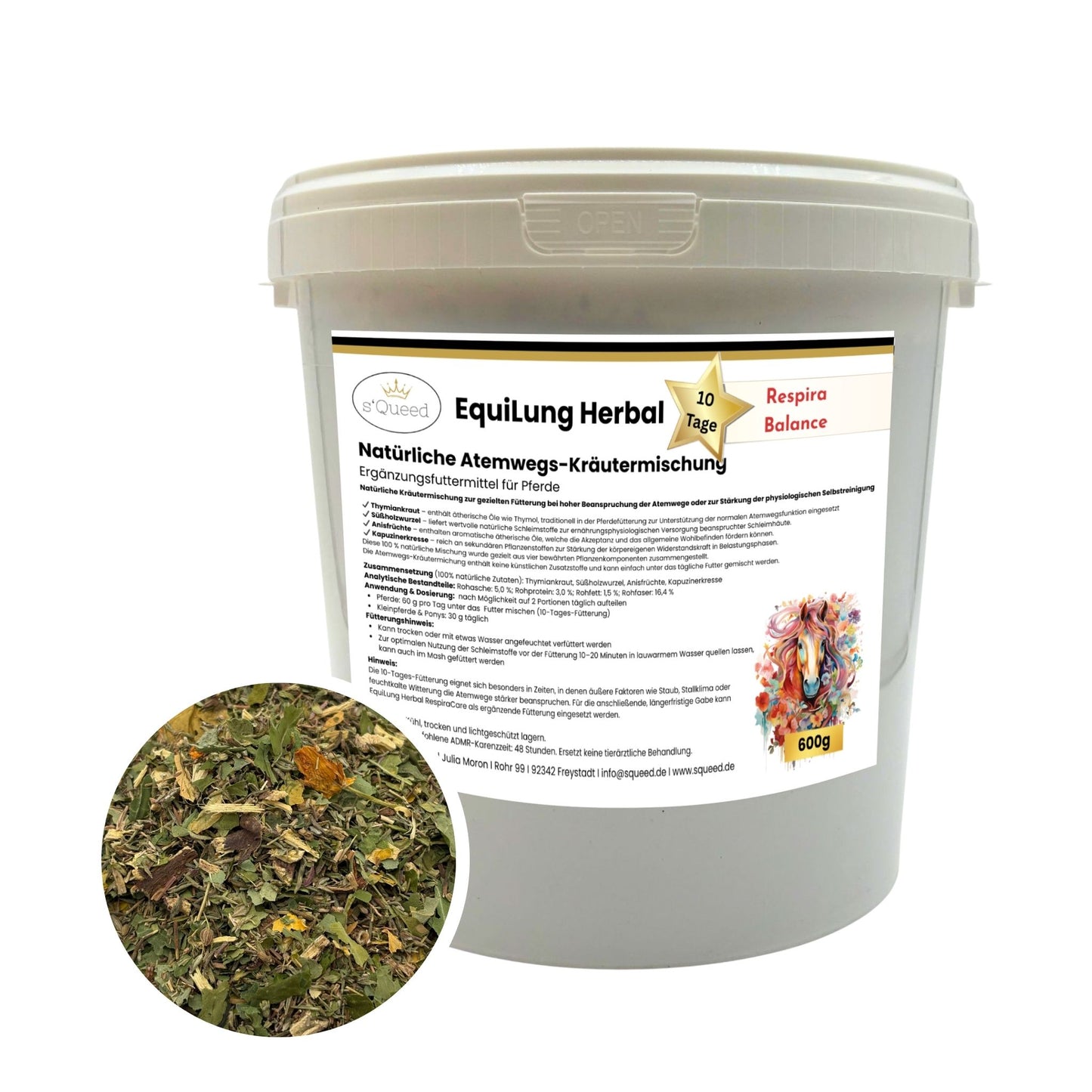 EquiLung Herbal RespiraBalance 600g – Atemwegskräutermischung für Pferde in Phasen physiologisch vermehrter Schleimbildung oder bei beanspruchten Atemwegen